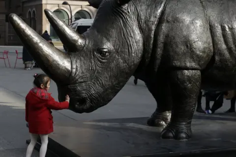 EPA A young child touches The Last Three, the world's largest rhino sculpture, which is on display by artists Gillie and Marc Art at Astor Place in New York, New York, USA, 15 March 2018