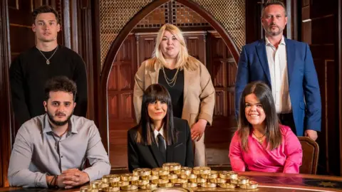 Aaron, Wilf, Hannah, Kieran and MEryl with Claudia Winkleman