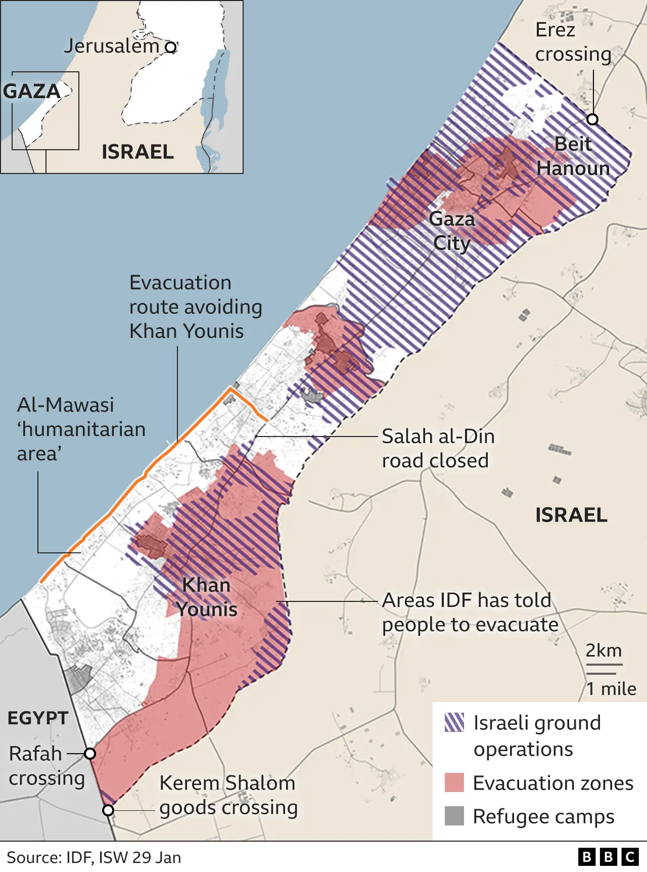 Map of Gaza showing areas of IDF ground operations, evacuation zones and refugee camps