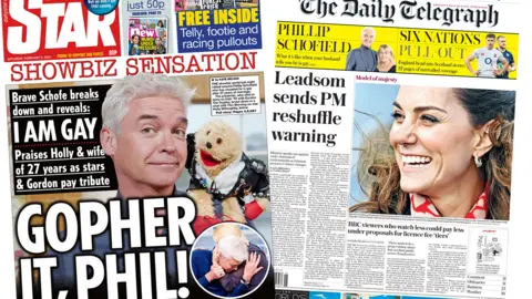 A composite of Saturday's Daily Star and Daily Telegraph front pages