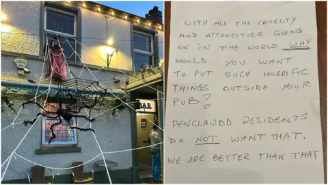 Heather Skipper A composite picture of on the left side a fake spider web and spider outside the Royal Oak and the letter on the other side