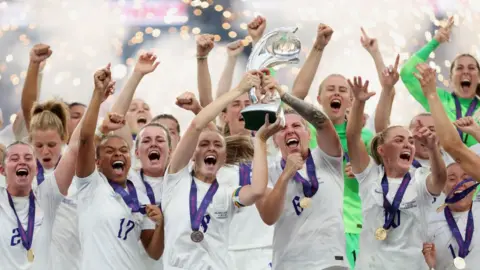 Getty Images Leah Williamson and Millie Bright of England lifts the UEFA Women’s Euro 2022 Trophy