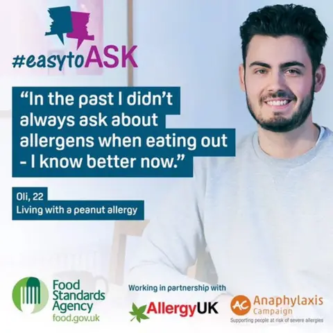 Food Standards Agency Oli has worked with groups like the Food Standards Agency on raising awareness of severe allergies in young people.