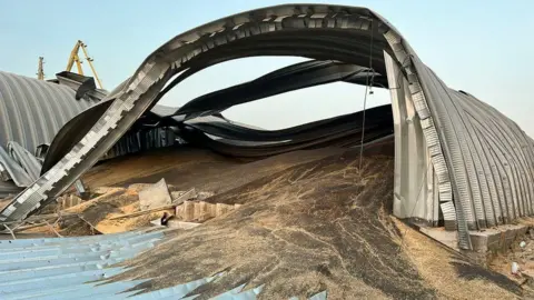 EPA A handout picture shows a grain depot damaged by what Ukrainian officials said were Russian air strikes