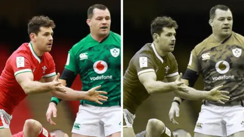 Getty Images Side-by-side of a full colour image of Tomos Williams and Cian Healy, next to a mock-up of what someone with red/green colour deficiency may see