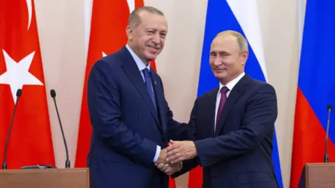 EPA Turkish President Recep Tayyip Erdogan shakes the hand of Russian President Vladimir Putin in Sochi, Russia (17 September 2017)