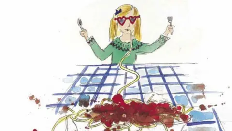 Hannah Rounding Kya in the book, eating spaghetti