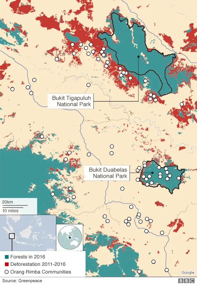 Map showing Orang Rimba deforestation between 2011 and 2016