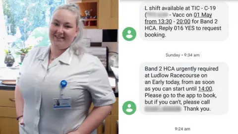 Caroline Wood Caroline Wood in her NHS uniform and screen grab of some of the text messages she has been sent