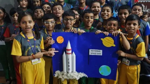 Getty Images Students of Saraswati English School celebrate National Space Day on August 23, 2024 in Thane, India