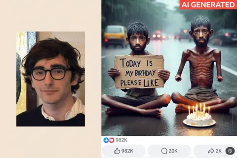 Left: Théodore. Right: “Baby Bubbles and Babbles” Facebook page. Left: Théodore. Right: an AI-generated image of two children sitting in a road, with a birthday cake.