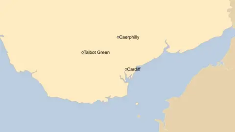 Map showing location of Talbot Green in South Wales in relation to Cardiff and Caerphilly