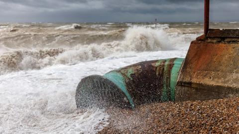 A storm overflow outlet on Bexhill beach on September 18, 2023 in Bexhill-on-Sea, United Kingdom