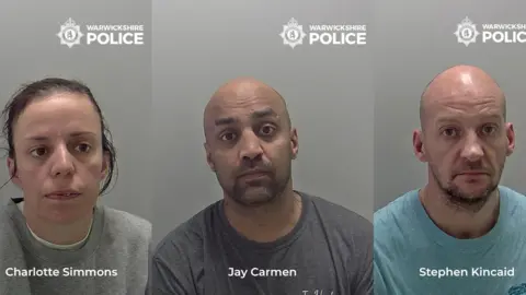 A collage of three mugshots of a woman and two men. They are sat against. agree background and are looking into the camera