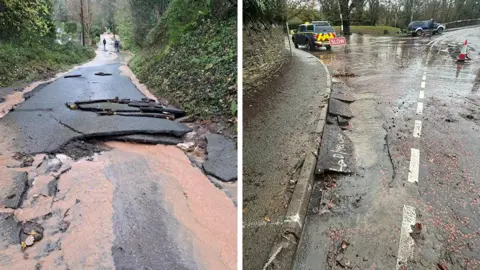 Herefordshire Council A composite image showing two damaged roads - the left is a tarmac road broken up, with large pieces of tarmac loose. The road is covered in mud and water. The image on the right shows highways vehicles parked near a junction, with the road broken up and a "slow" sign has been erected.