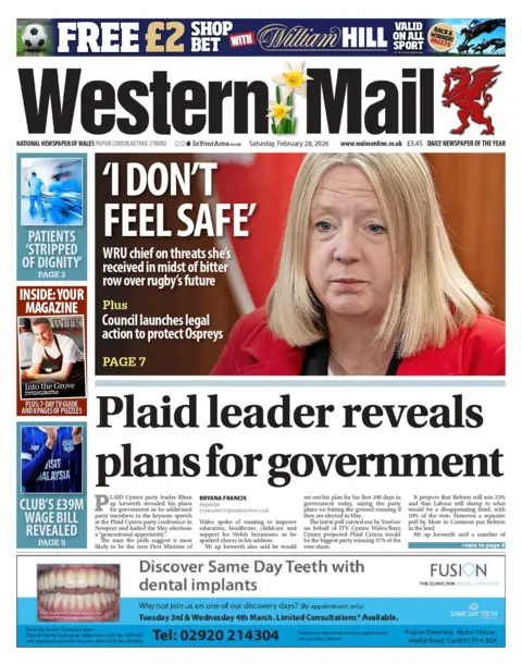 Western Mail The front page of Western Mail. Main headline reads 'Plaid leader reveals plans for government'. Other headlines include '"I don't feel safe" with the text beneath reading 'WRU Chief on threats she's received in midst over bitter row over rugby's future'