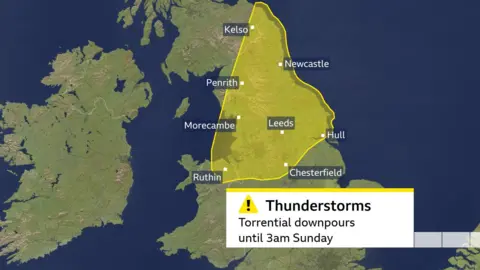 Graphic showing Met Office weather warning for thunderstorms in northern England, the Scottish Borders and north Wales