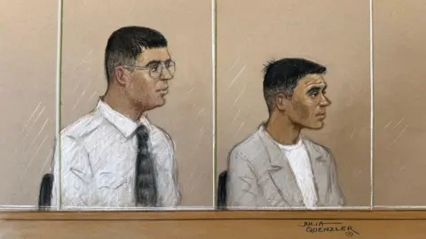 A court sketch of the two accused men. They are sitting behind glasses, both wearing formal clothing, and watching the proceedings taking place outside the frame. 