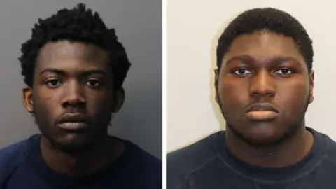 Met Police Michael Tommy-Mbogba (right) and Toluwaslase Odunewu (left). Both are young men looking toward the camera successful  constabulary  mugshots. They are wearing navy sweatshirts