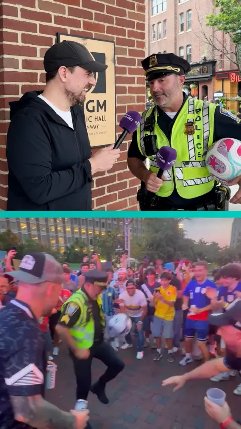 A split-screen showing a police officer being interviewed at the top and doing keepie uppies below.