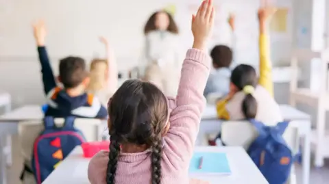 Primary school pupils sit in a classroom with raised hands facing a teacher. The boys and girls have their backs to the camera.