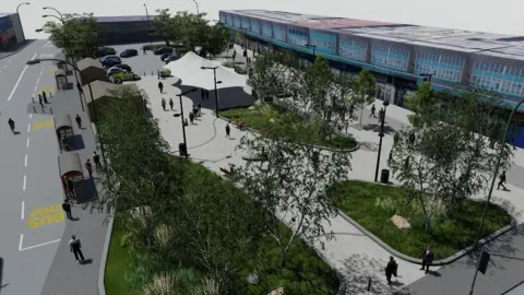 An artist's impression of the refurbished Shipley Market. There is a central white canopy and a car park with patches of grass and trees.