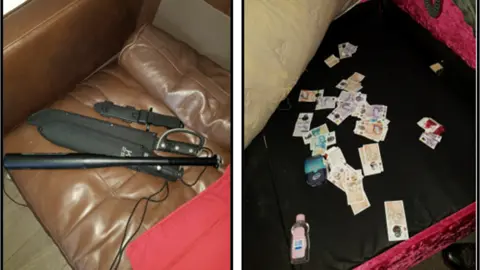 Lancashire Police The first of two photos supplied by police shows what appear to be three knives and a baseball bat on a brown leather-look sofa. The right-hand image shows a quantity of cash in the form of notes under what appears to be the cushion of a sofa.