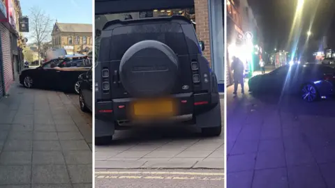 Three images side-by-side showing cars parked on the pavement outside shots. The further left image has a black car with its roof down parked diagonally onto the pedestrian walk way. The middle image is a 4x4 vehicle that has crossed over double yellow lines to park in front of a store. The furthest right was taken at night time and shows another diagonally pavement-parked black car.