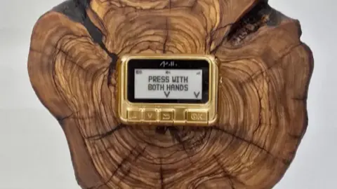 A golden pager on display above a piece of wood.