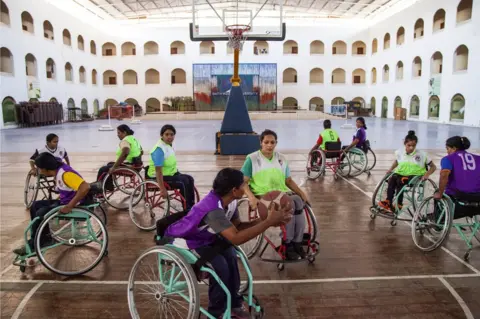 Hari Adivarekar Wheelchair basketball players practise for the Para Games