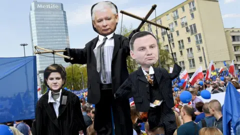 AFP Demonstrators hold cartoons of leader of PiS (Law and Justice) party Jaroslaw Kaczynski (top), Prime minister Beata Szydlo (L) and President Andrzej Duda (R) during the Freedom March in the Polish capital Warsaw on May 6, 2017 organised by Poland's main liberal Civic Platform (PO) opposition party to protest against the rightwing nationalist Law and Justice (PiS) government over alleged rule of law violations.