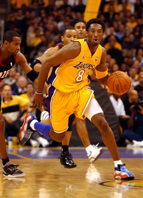 Vince Bucci / Getty images Kobe Bryant during a Lakers game against Portland Trail Blazers in Los Angeles in 2001