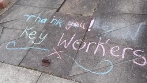 Redcar and Cleveland Council Chalk thank you message on the pavement