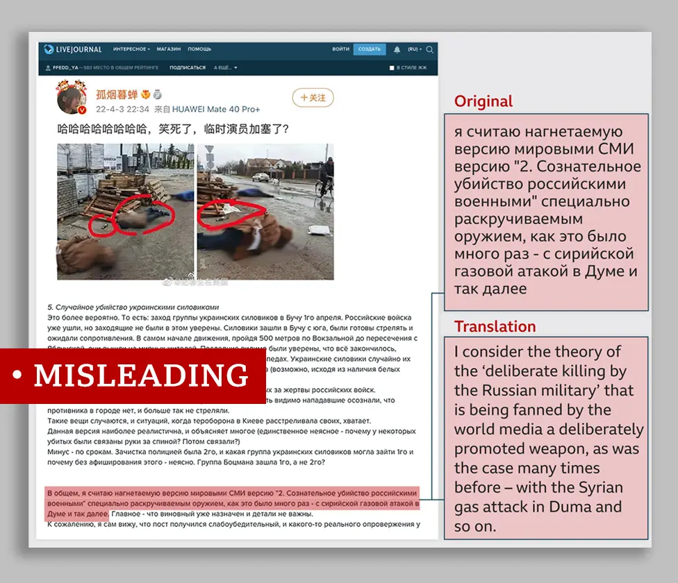 LiveJournal A screenshot shows a pro-Kremlin blog post denying the involvement of Russian soldiers in the Bucha killings