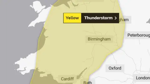 Met Office map showing thunderstorm warning
