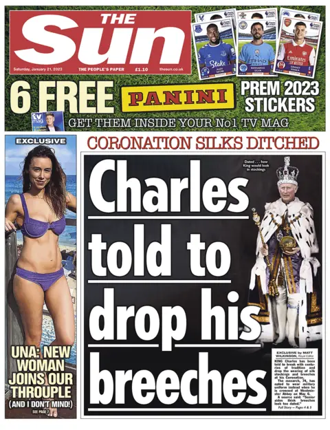 The Sun has a picture of King Charles wearing traditional royal attire, along with former member of The Saturdays pop group Una Healy.