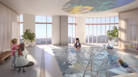 Leeds Teaching Hospitals NHS Trust A CGI of a therapy pool inside a hospital with parents and children