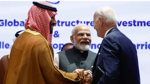 AFP Saudi Arabia's Crown Prince and Prime Minister Mohammed bin Salman (L), Indian Prime Minister Narendra Modi (2L) and US President Joe Biden (R bottom) attend a session at the G20 Summit in New Delhi on September 9, 2023.