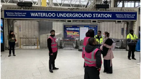 Harry Low/BBC Closed shutters at Waterloo Underground Station during a Tube strike on 6 June 2022