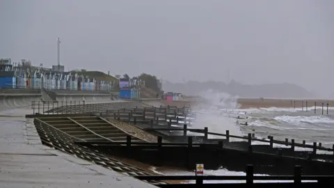 Squiz/Weather Watchers A beach scene in Felixstowe, Suffolk with stormy conditions and water seen to be blowing off the sea