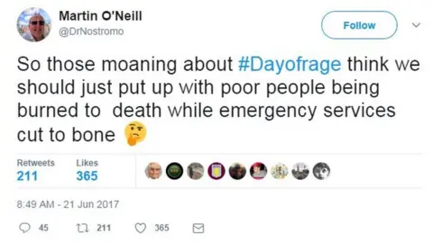 @DrNostromo Tweet by @dr nosttromo: "So those moaning about Day of Rage think we should just put up with poor people being burned to death while emergency services cut to bone"