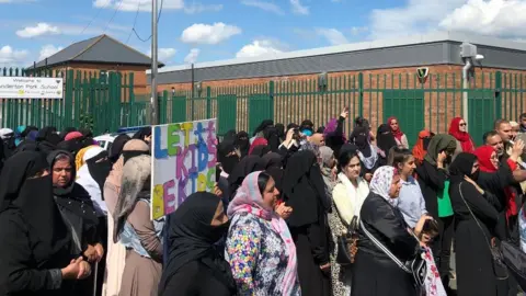 Protesters gathered outside Anderton Park, 24 May