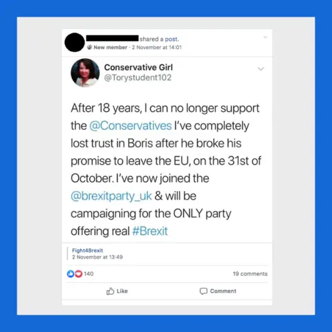Facebook Tweet from a Conservative activist saying: 'After 18 years, I can no longer support the @Conservatives'