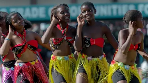 Taiwan presidential office people performing during Swaziland's celebration of 50th anniversary of independence and King Mswati III's 50th birthday in Manzini, Swaziland, 19 April 2018 (issued 20 April 2018)
