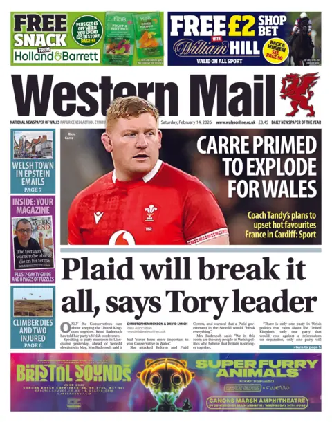 Western Mail Front page of the Western Mail. The headline reads 'Plaid will break it all, says Tory leader'.