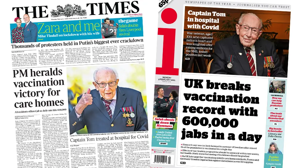 The Times and the i front pages 1 February 2021