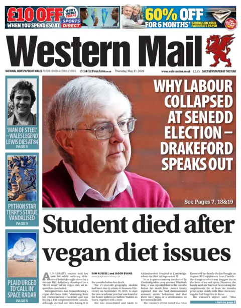 Western Mail Western Mail front page headline: Student died after vegan diet issues