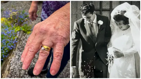 BBC | Family Photo two pictures, one a close up of Marilyn's hand with the ring and the other of Marilyn and Pete on their wedding day