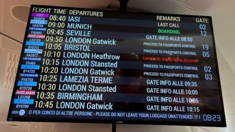 Andy Miles Departure board in Turin showing cancellation