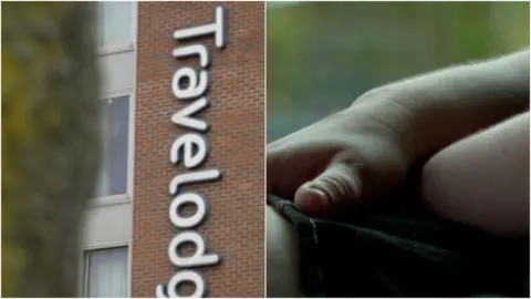 A composite image showing a travelodge sign and a woman's hands